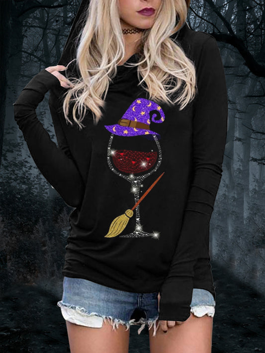 Women's Halloween Red Wine Glass Print Hooded Sweatshirt