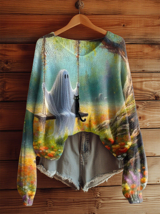 Women's  Vintage Halloween Cute Ghost And Cat Printed V-Neck  Casual Loose Long Sleeve Top