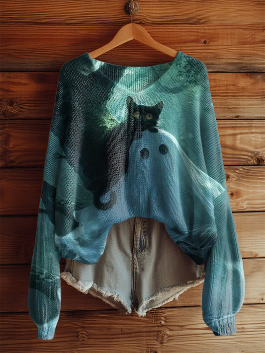 Women's  Vintage Halloween Cute Ghost And Cat Printed V-Neck  Casual Loose Long Sleeve Top