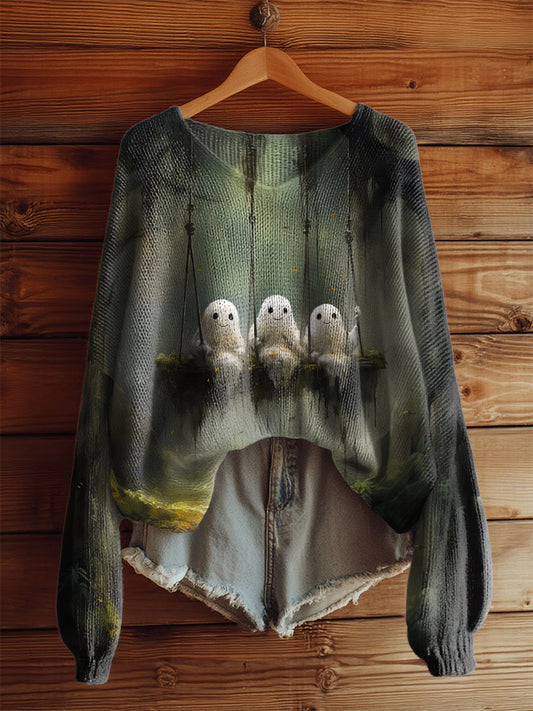 Women's  Vintage Halloween Cute Ghost And Cat Printed V-Neck  Casual Loose Long Sleeve Top