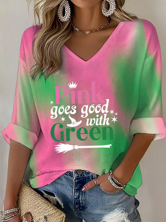 Women's "pink goes good with green" printed V-neck top