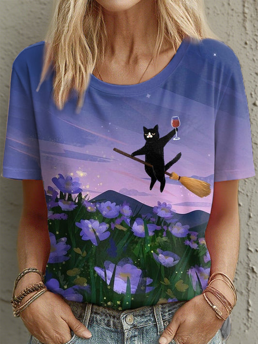 Women's Black Cat Oil Painting Art Print T-shirt
