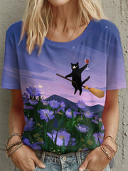 Women's Black Cat Oil Painting Art Print T-shirt