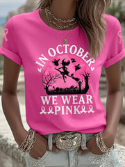 Women's Halloween Witch In October We Wear Pink Breast Cancer Awareness  Tee