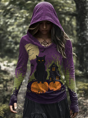 Women's Halloween Cat Print Casual Hoodie
