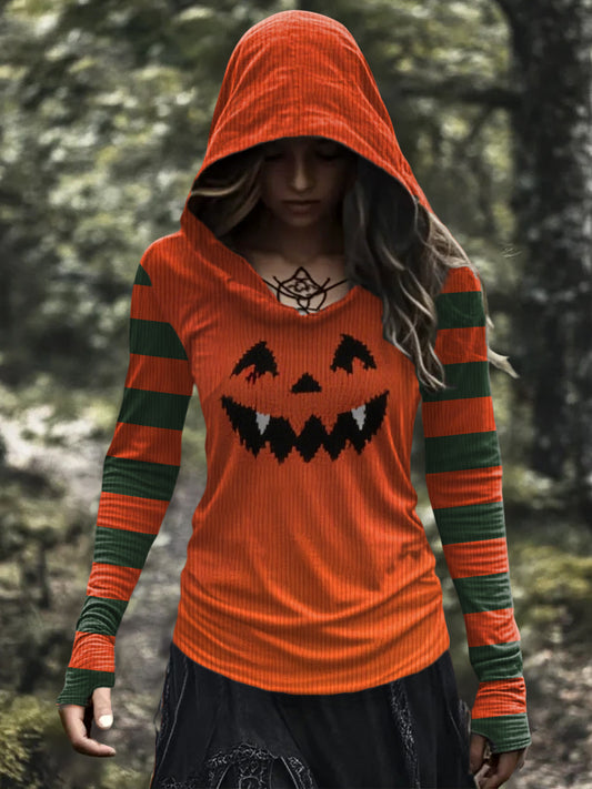 Women's Halloween Pumpkin Face Print Casual Hoodie