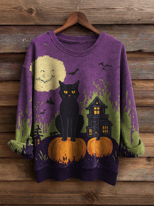 Women's Halloween Cat Print Casual Sweatshirt