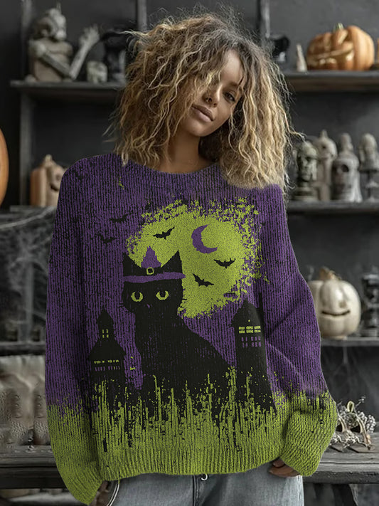 Women's Halloween Black Cat Print Casual Sweatshirt
