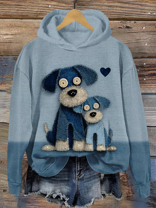 Women's Denim Dog Print Casual Hoodie