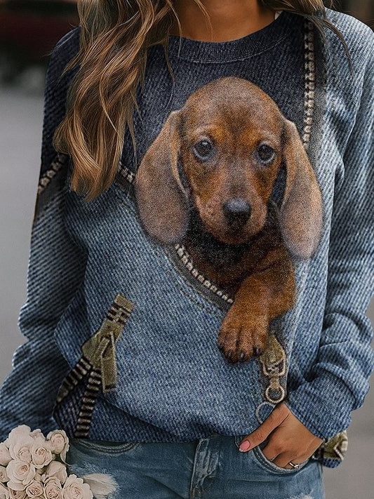 Women's Denim Dog Print Casual Sweatshirt
