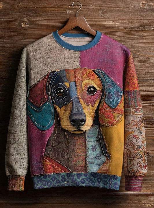 Women's Vintage Patchwork Dog Art Print Casual Sweatshirt