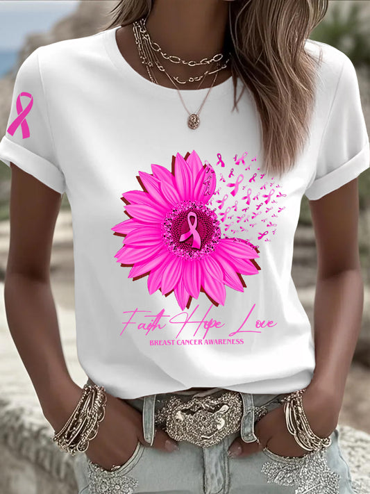 Women's Breast Cancer Awareness  Sunflower Pink Ribbon Short Sleeve T-shirt