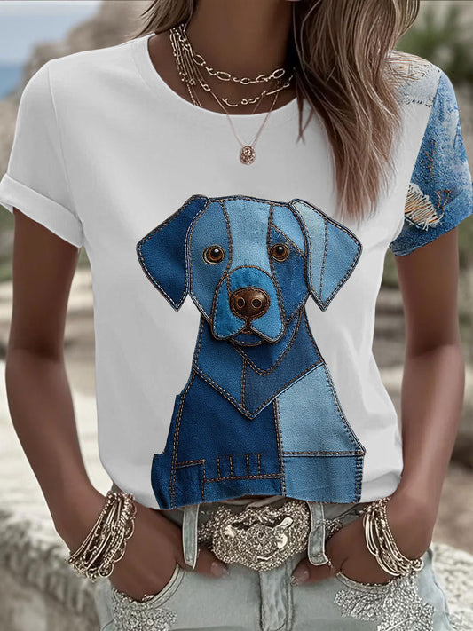 Women's Denim Dog Printed T-shirt