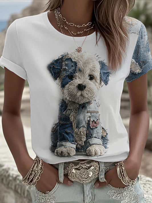 Women's Denim Dog Printed T-shirt