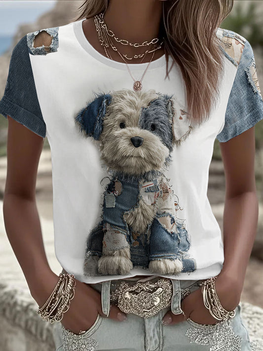 Women's Denim Dog Printed T-shirt