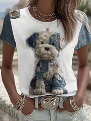 Women's Denim Dog Printed T-shirt
