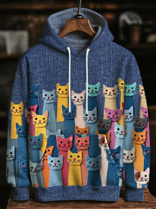 Men's Colorful Cats Oversized Drop-Shoulder Hoodie with Pockets