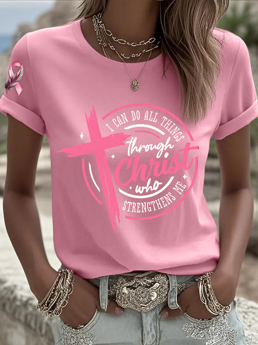 Women's Breast Cancer Awareness I Can Do All Things Through Christ Pink Ribbon T-shirt