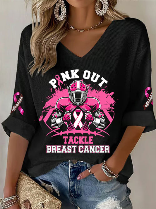 Women's Breast Cancer Awareness Football Pink Out Pink Ribbon Print  Waffle T-shirt
