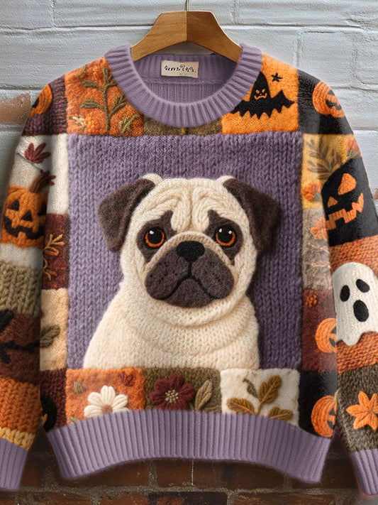 Women's Fall Inspired Pug Felt Art Cozy Knit Sweater