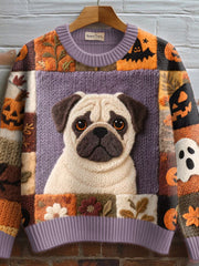 Women's Fall Inspired Pug Felt Art Cozy Knit Sweater