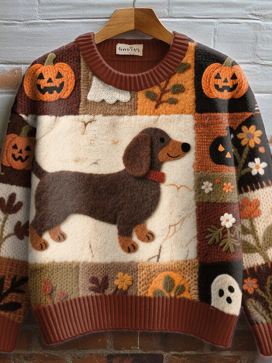 Women's Fall Inspired Dachshund Felt Art Cozy Knit Sweater