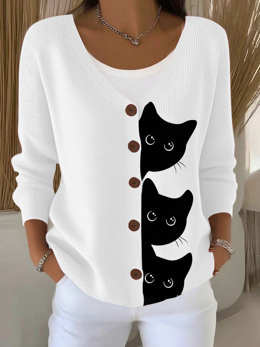Women's Cute Cat Print Casual Cardigan