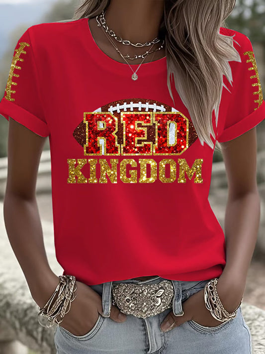 Women's Red Kingdom Football Print Crew Neck T-Shirt