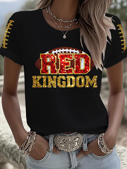 Women's Red Kingdom Football Print Crew Neck T-Shirt