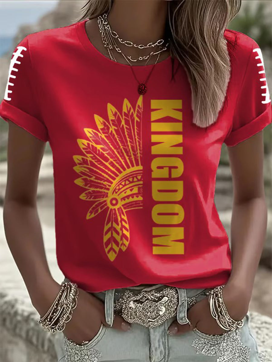 Women's Red Kingdom Football Print Crew Neck T-Shirt
