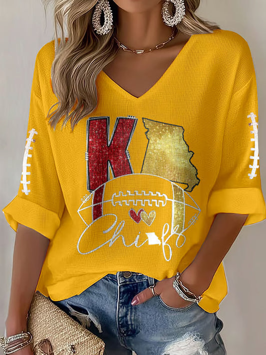 Women's Football Fans Lovers Gameday Casual Long-Sleeve Waffle T-shirt