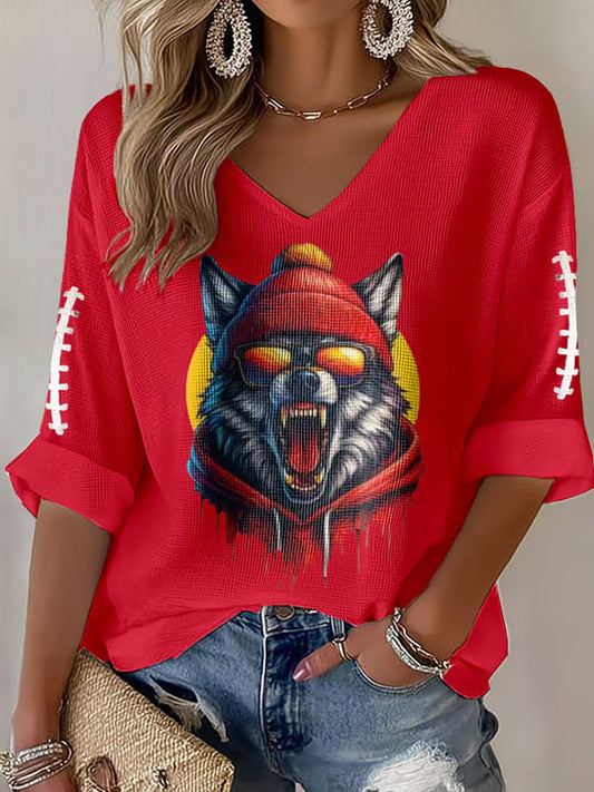 Women's Football Fans Lovers Gameday Casual Long-Sleeve Waffle T-shirt