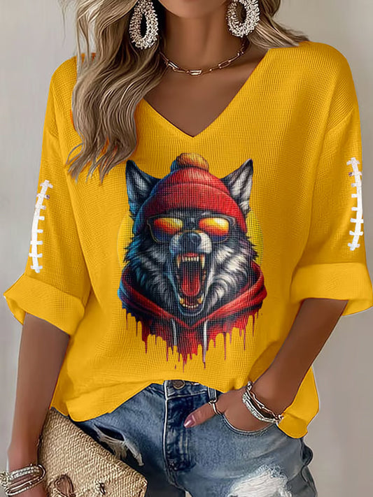 Women's Football Fans Lovers Gameday Casual Long-Sleeve Waffle T-shirt