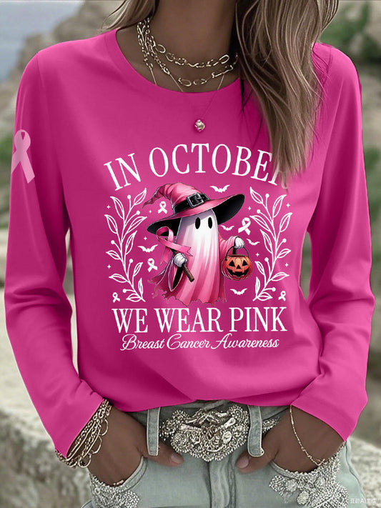 Women's In October We Wear Pink Halloween Pink Ghost Breast Cancer Awareness Support  Long Sleeve T-Shirt