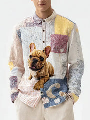 Men's Vintage Patchwork Dog Print Art Casual Shirt