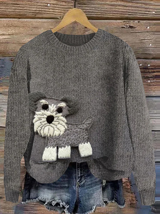 Women's Funny Mini Schnauzer Felt Applique Cozy Sweater