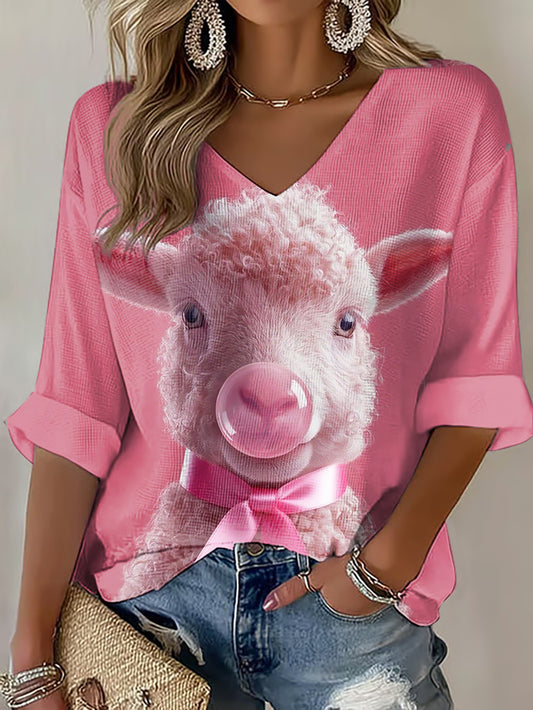 Women's Pink Ribbon Animals Print Waffle T-shirt