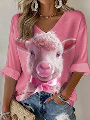 Women's Pink Ribbon Animals Print Waffle T-shirt