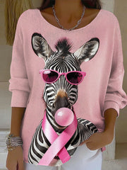 Women's Pink Ribbon Animals Print Round Neck Ribbed Top