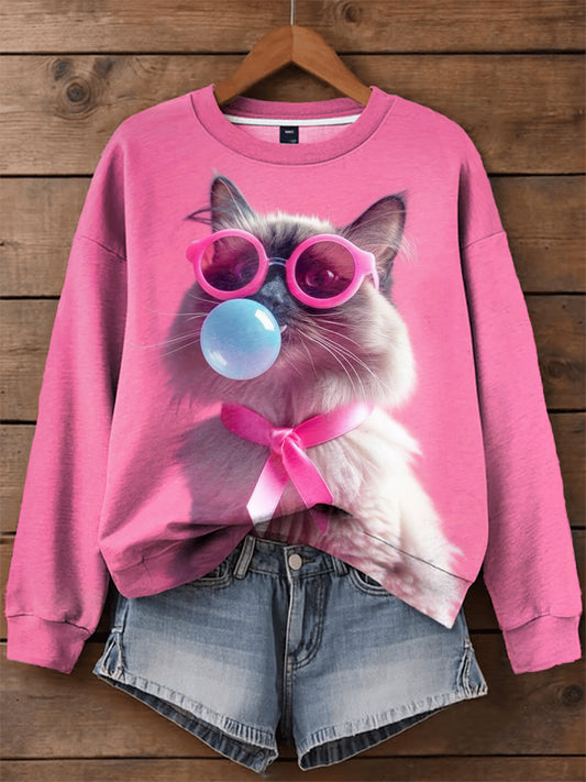 Women's Pink Ribbon Animals Print Casual Sweatshirt