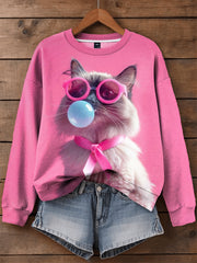Women's Pink Ribbon Animals Print Casual Sweatshirt