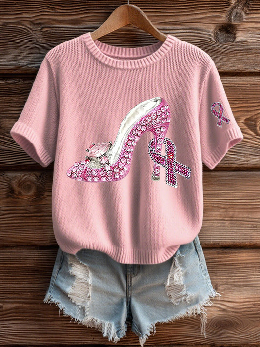 Women's Pink Ribbon Print Casual T-shirt