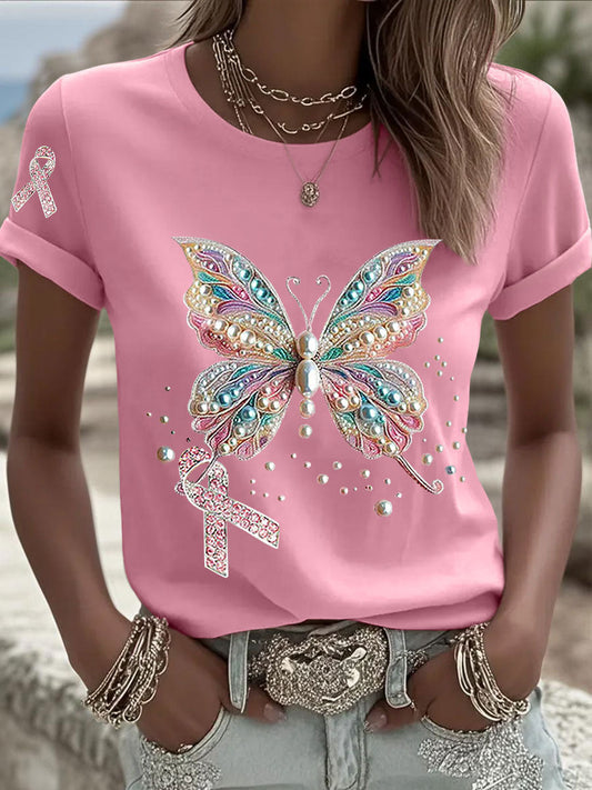 Women's Breast Cancer Awareness Pink Ribbon Print Casual T-shirt