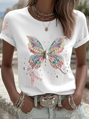 Women's Breast Cancer Awareness Pink Ribbon Print Casual T-shirt