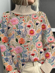Women's Pink Floral Knit Turtleneck Pullover Sweater
