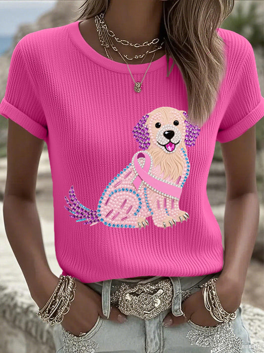 Women's Pink Rhinestone Dog Pink Ribbon Print Breast Cancer Awareness Support Tee