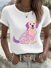Women's Pink Rhinestone Dog Pink Ribbon Print Breast Cancer Awareness Support Tee