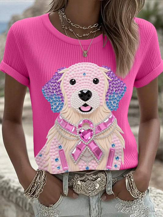 Women's Pink Rhinestone Dog Pink Ribbon Print Breast Cancer Awareness Support Tee