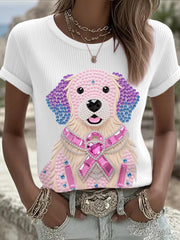 Women's Pink Rhinestone Dog Pink Ribbon Print Breast Cancer Awareness Support Tee