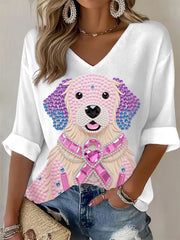 Women's Pink Rhinestone Dog Pink Ribbon Print Breast Cancer Awareness Support Long-Sleeve Top